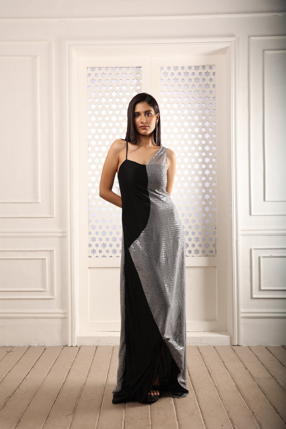 Black - Grey Diagonal Sequin Gown