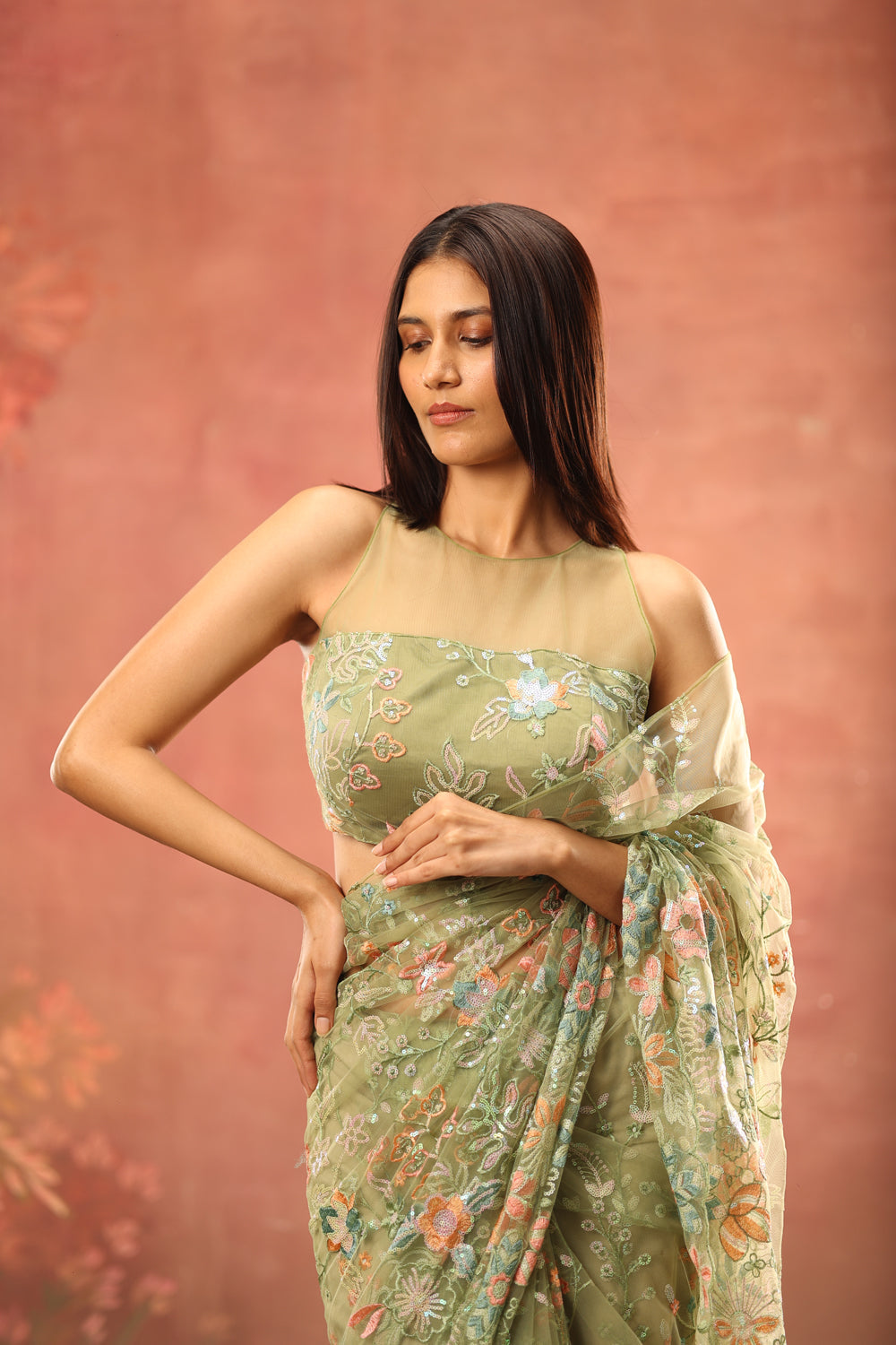 Tea Green Blossom Saree