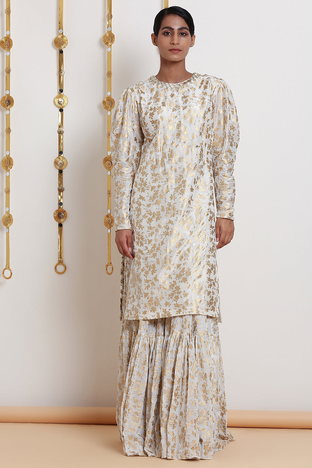 Embroidered & Printed White Kurta Set With Belt