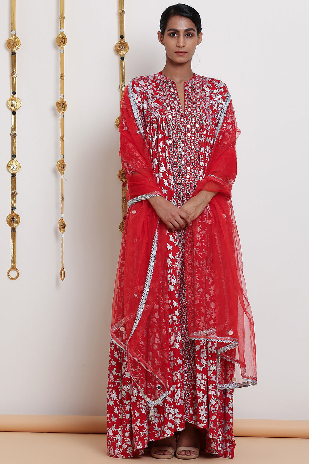 Embroidered Red & Printed Kurta Set