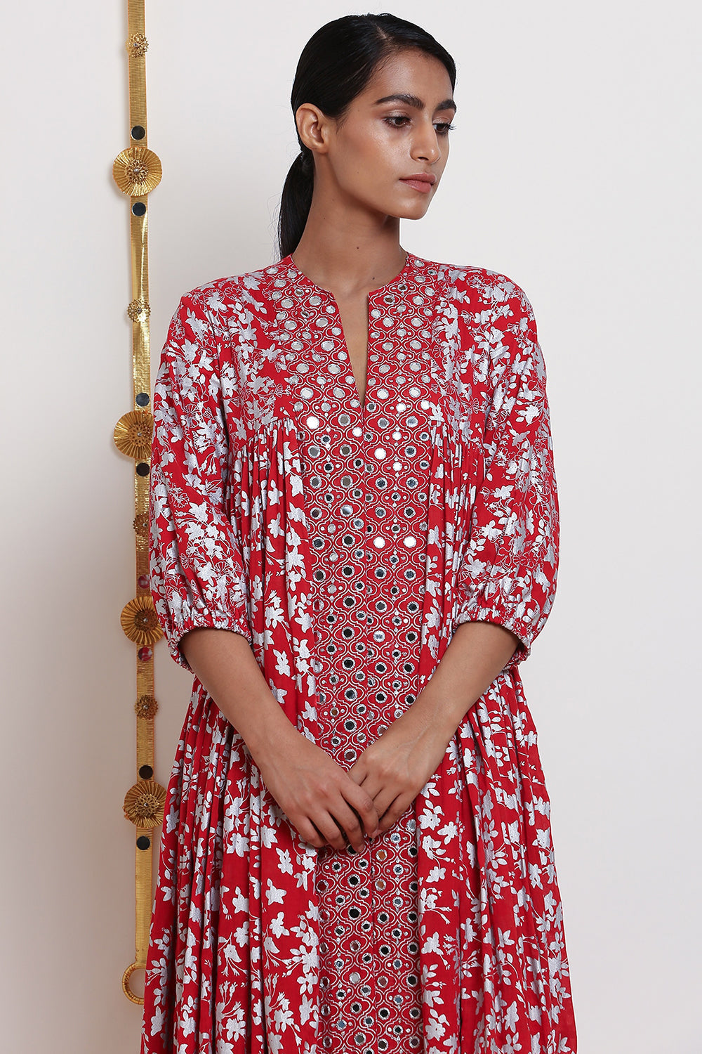 Embroidered Red & Printed Kurta Set