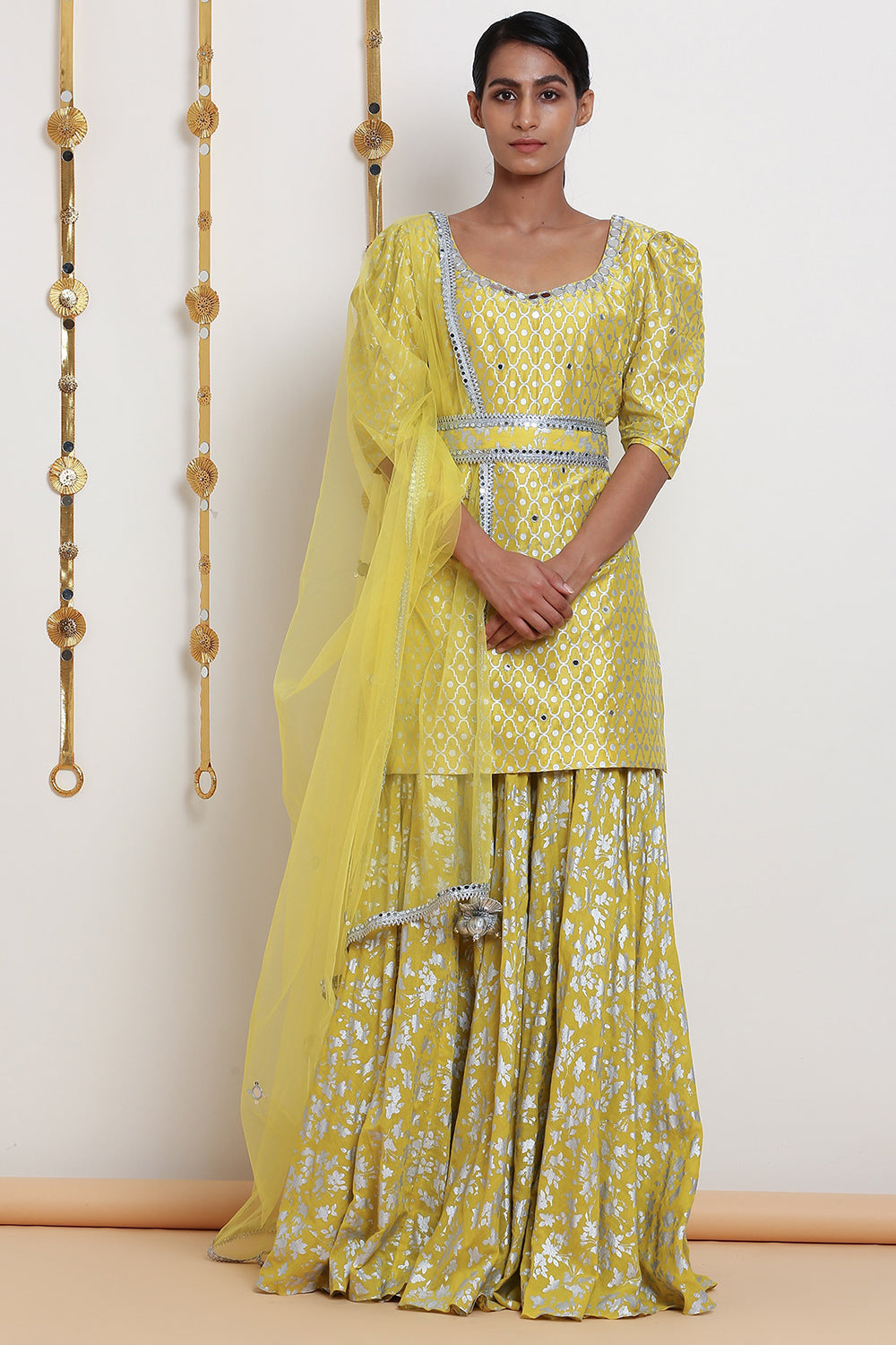 Embroidered Yellow & Printed Kurta Set