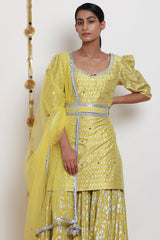 Embroidered Yellow & Printed Kurta Set