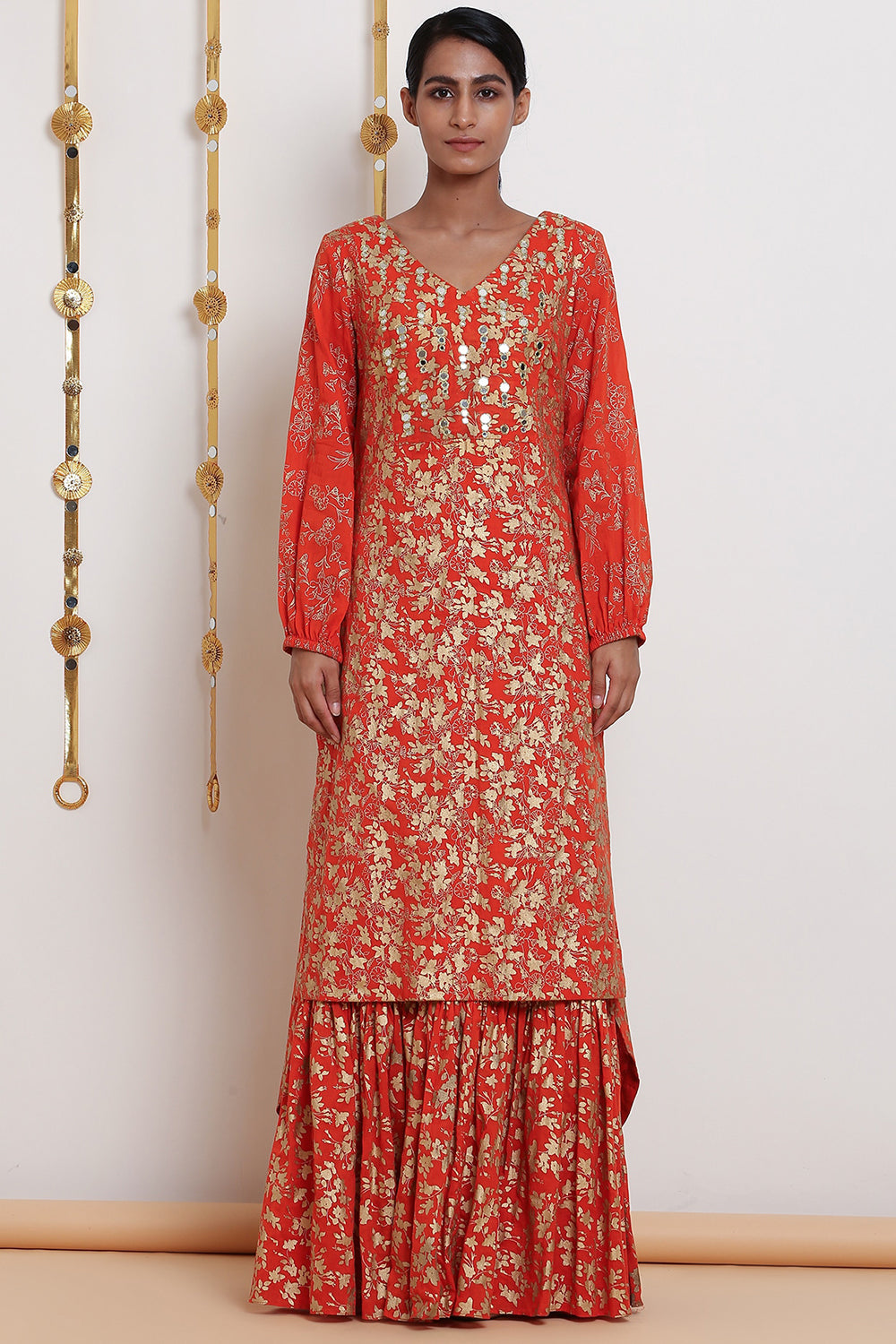 Embroidered & Printed Orange Kurta Set