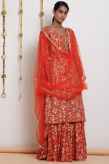 Embroidered & Printed Orange Kurta Set