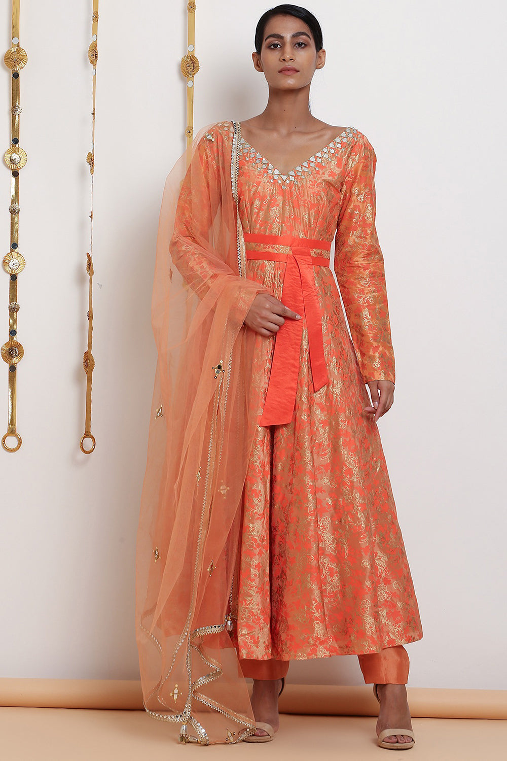 Embroidered Flared Peach Kurta Set With Belt