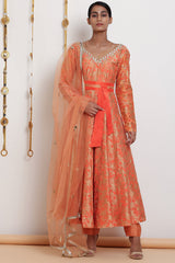 Embroidered Flared Peach Kurta Set With Belt