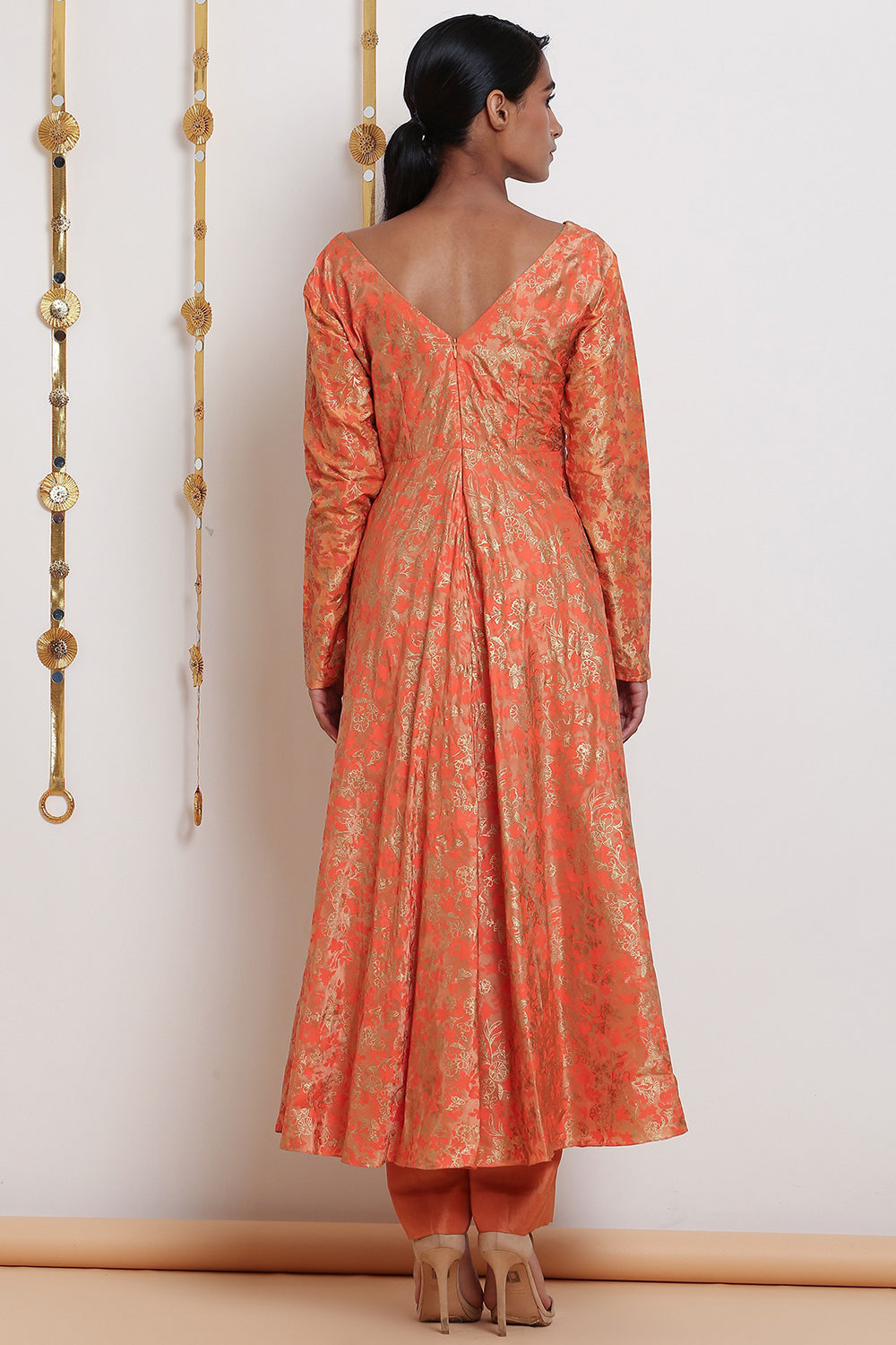 Embroidered Flared Peach Kurta Set With Belt