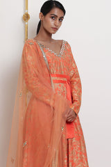 Embroidered Flared Peach Kurta Set With Belt