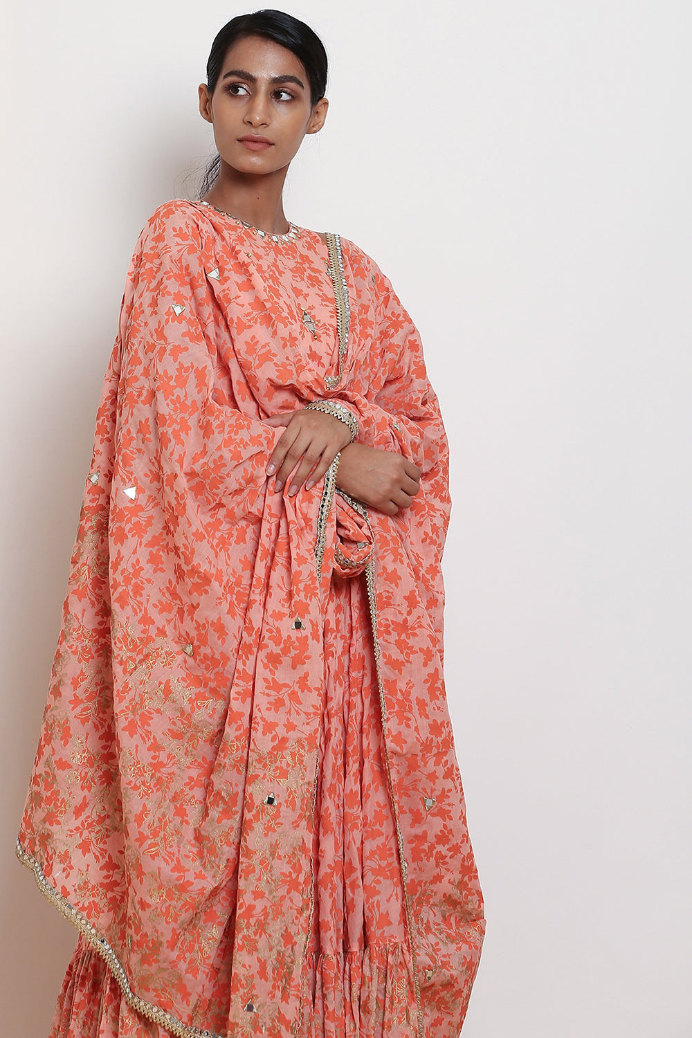 Embroidered & Printed Peach Kurta Set