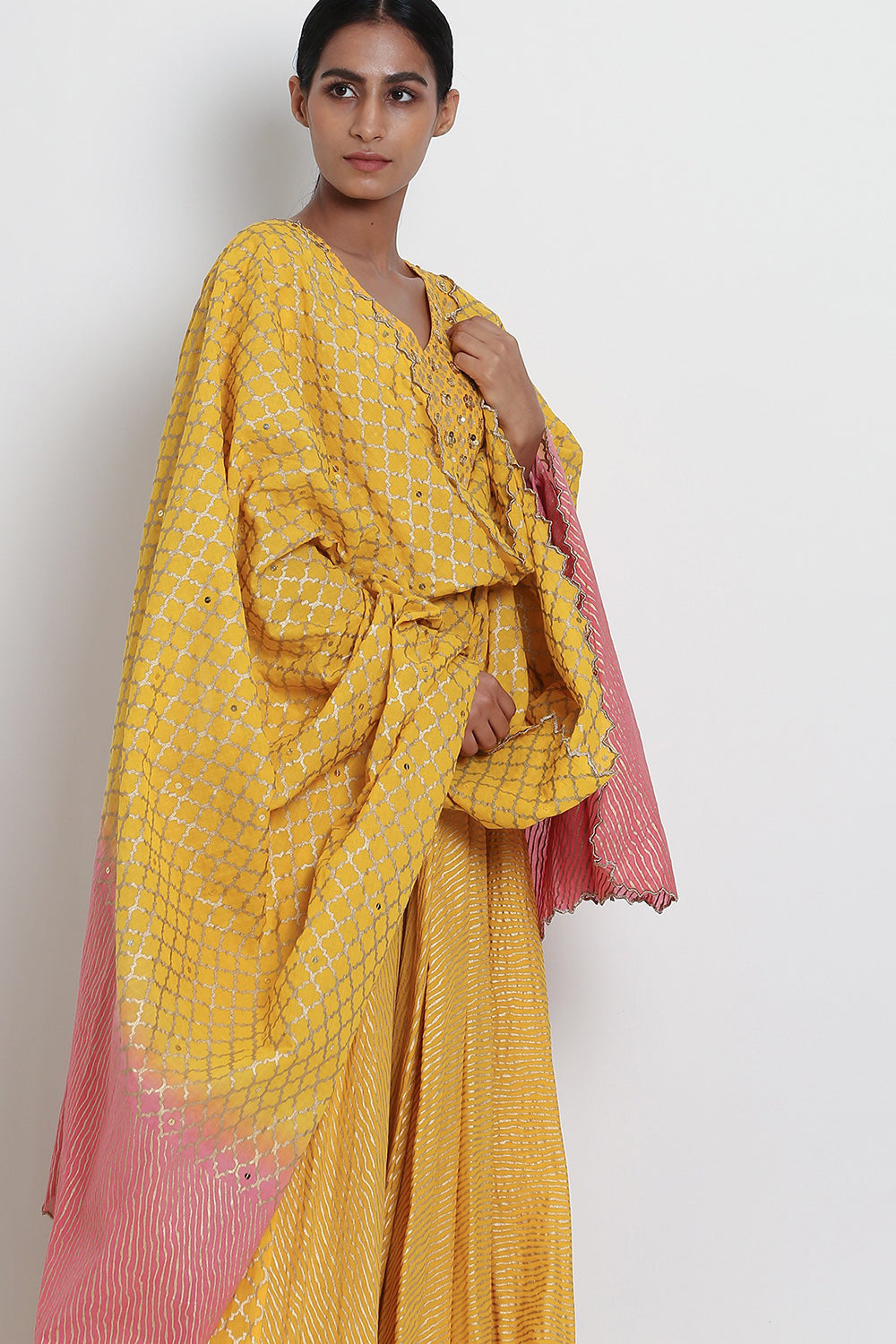 Embroidered Kalidar Yellow Kurta Set