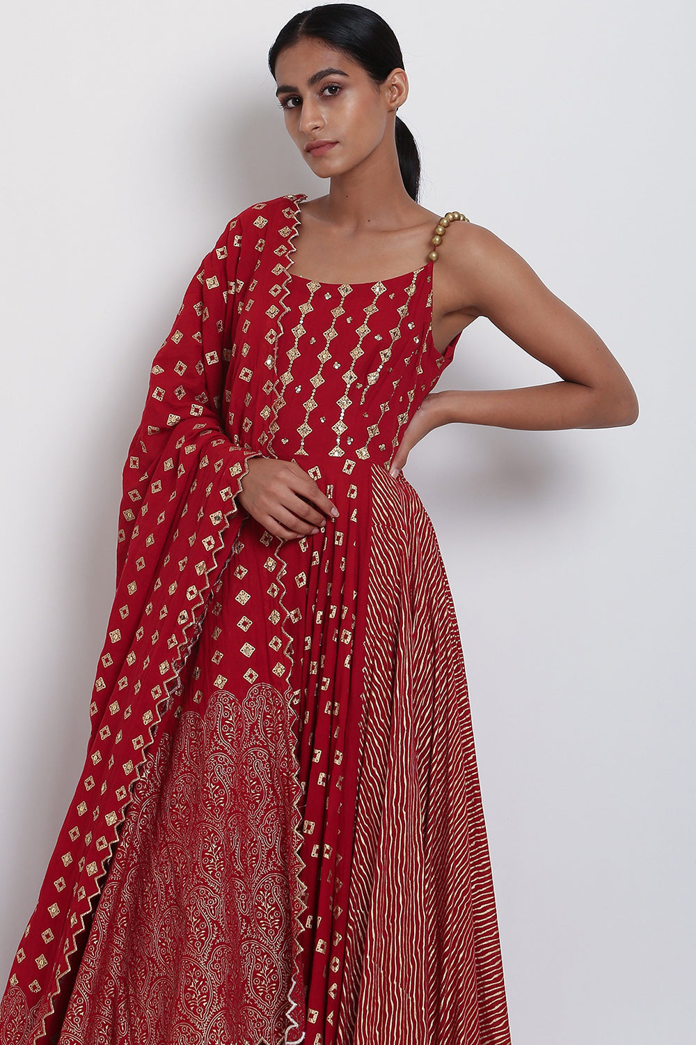 Embroidered Kalidar Red Kurta Set