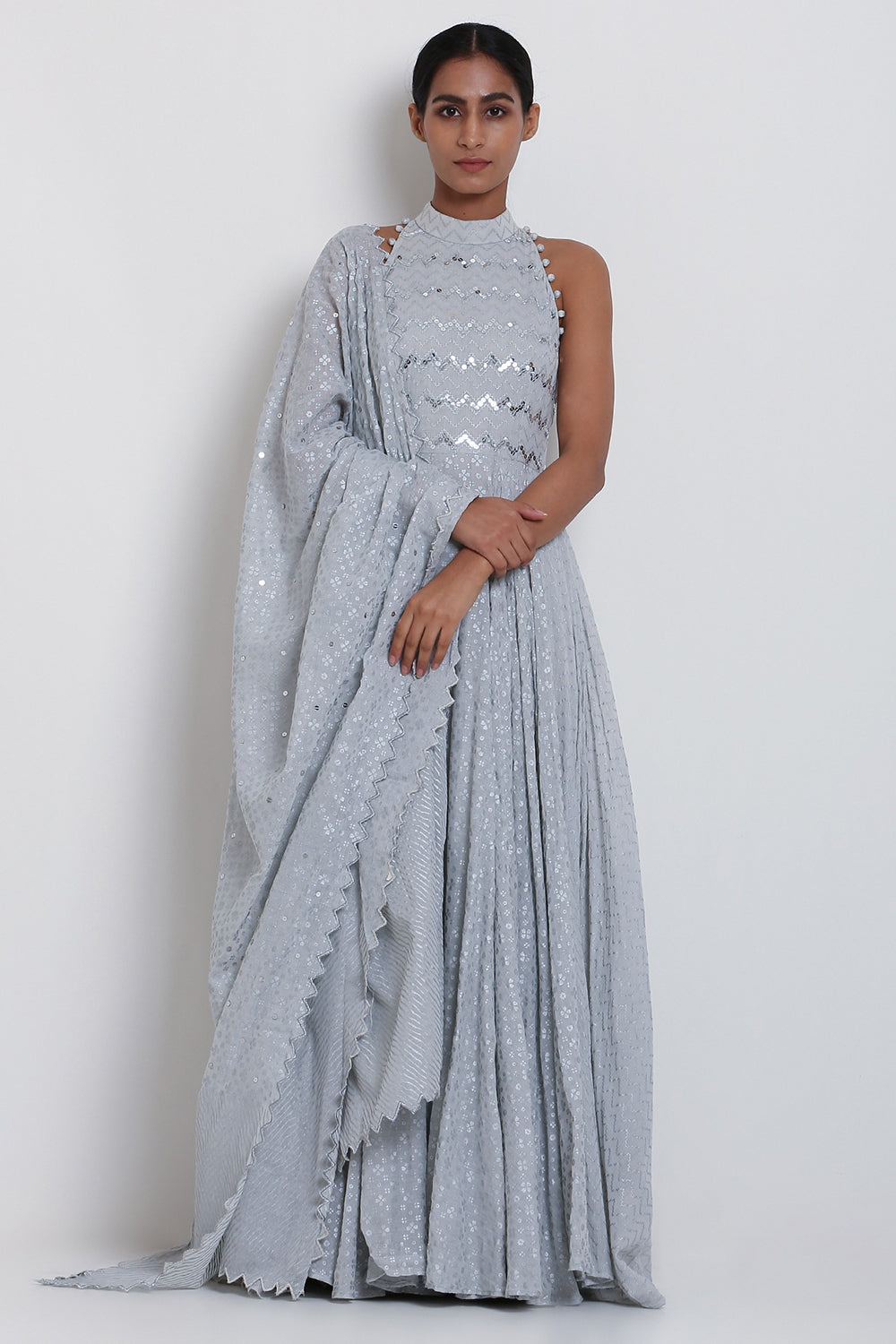 Embroidered Kalidar Grey Kurta Set