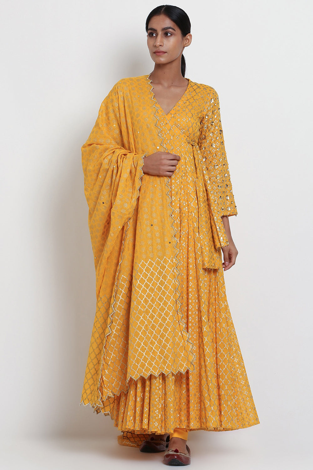 Embroidered Yellow Angrakha Kurta Set