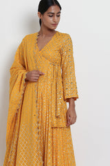 Embroidered Yellow Angrakha Kurta Set