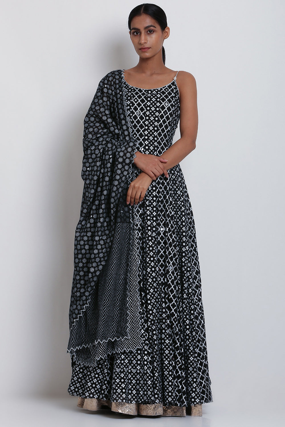 Embroidered & Printed Black Kurta With Dupatta