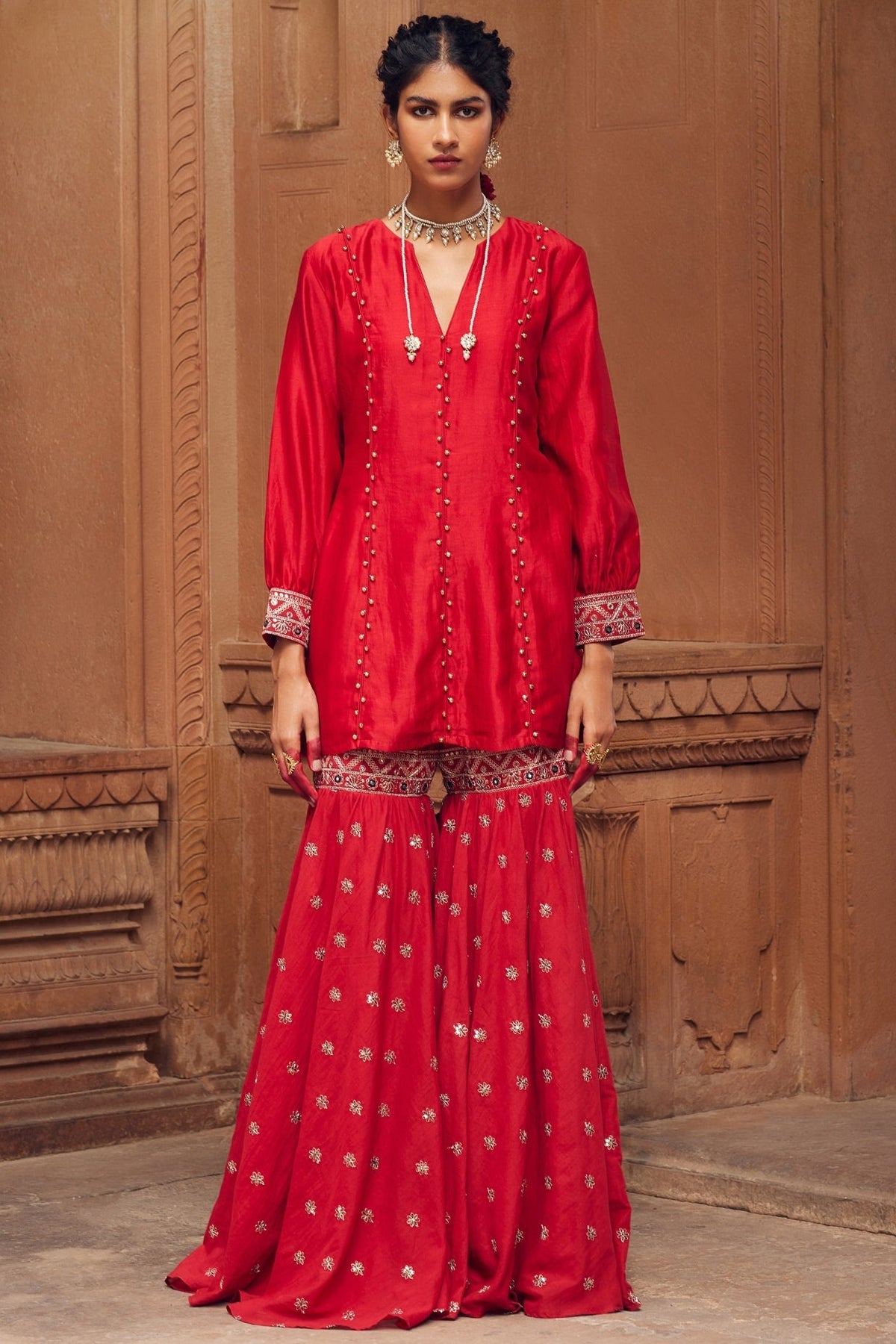 Embroidered Red Chanderi Silk Sharara Set