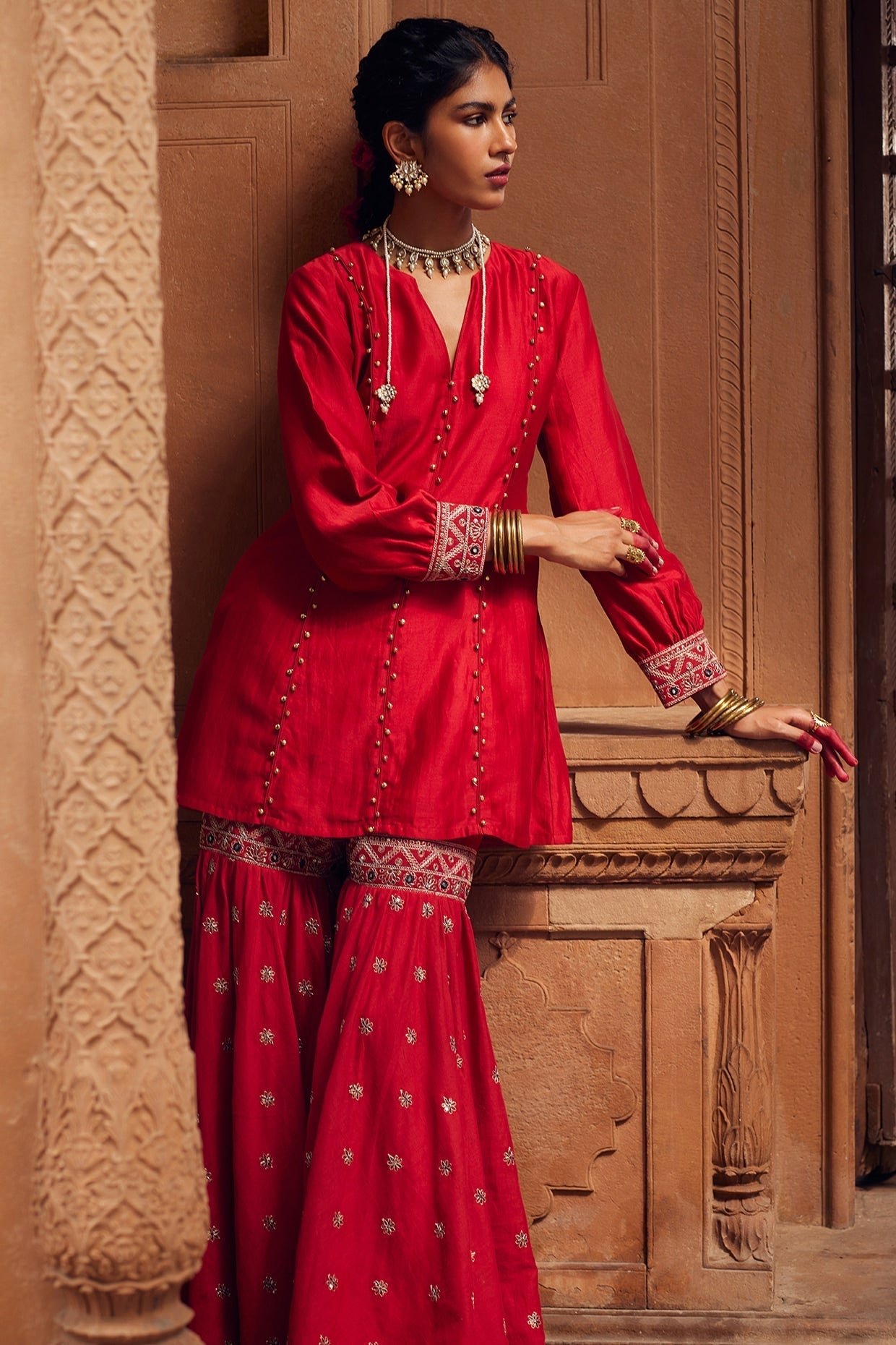 Embroidered Red Chanderi Silk Sharara Set