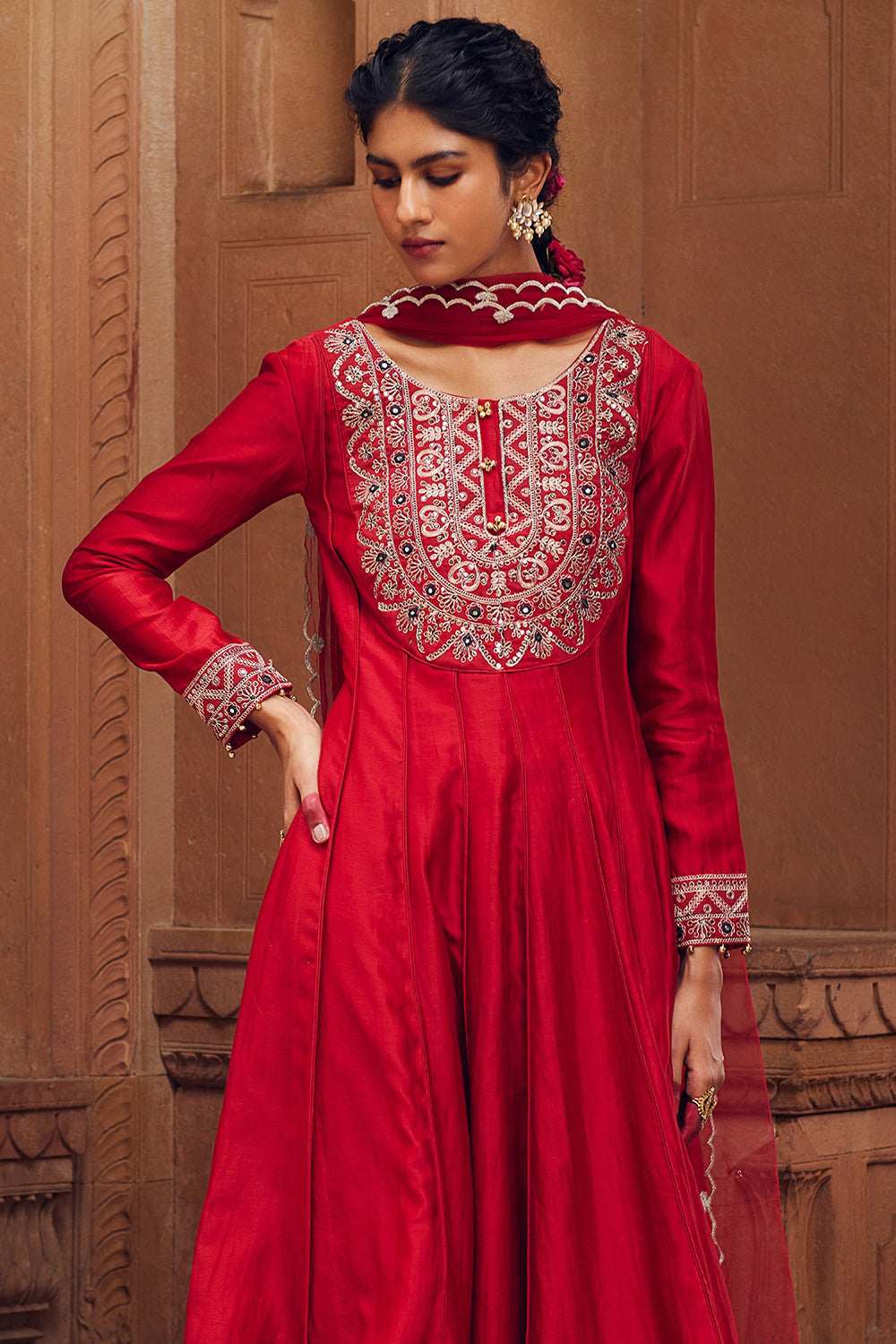 Embroidered Red Chanderi Silk Kalidar Kurta Set