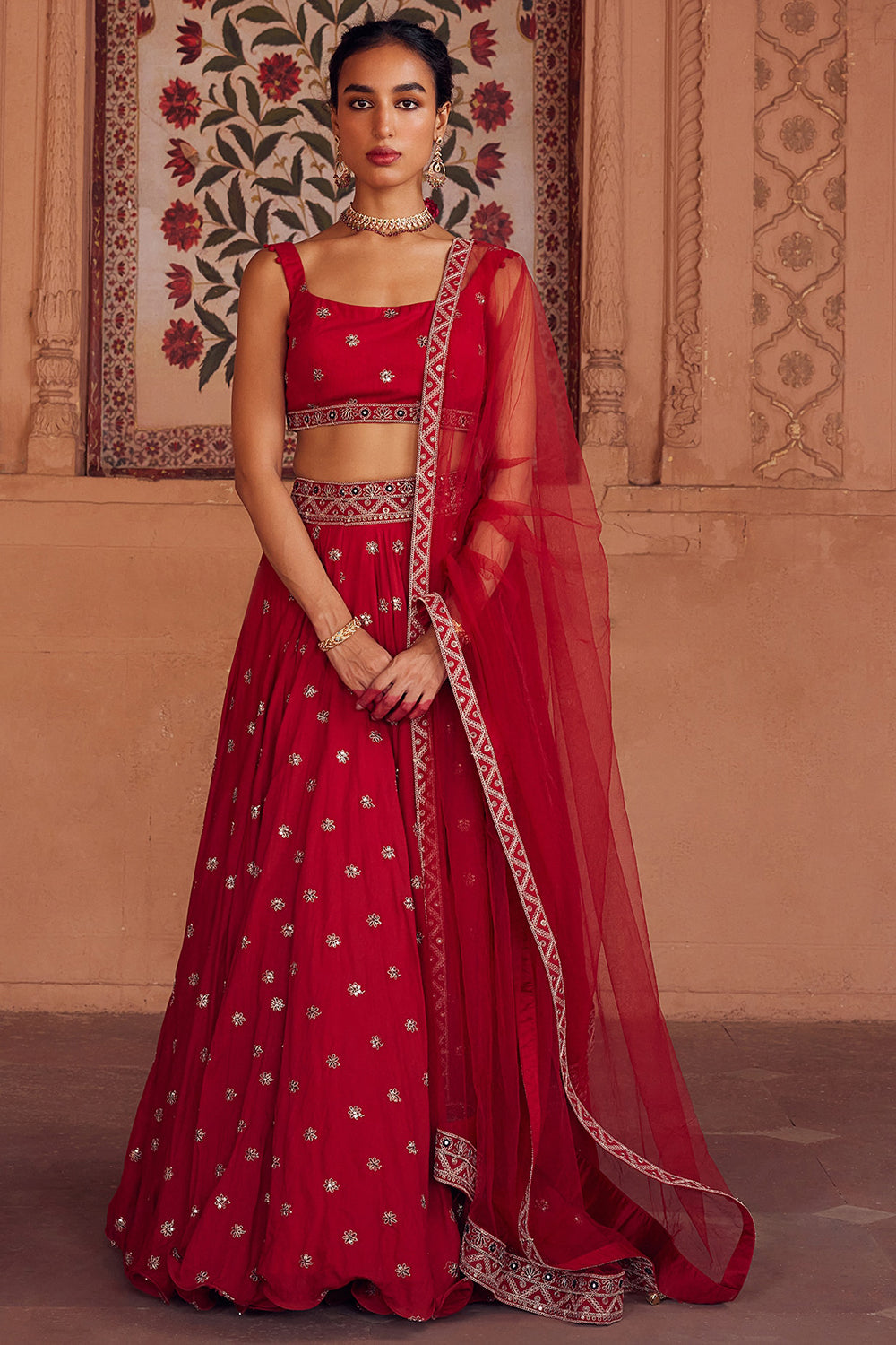 Embroidered Red Tulle Lehenga Set