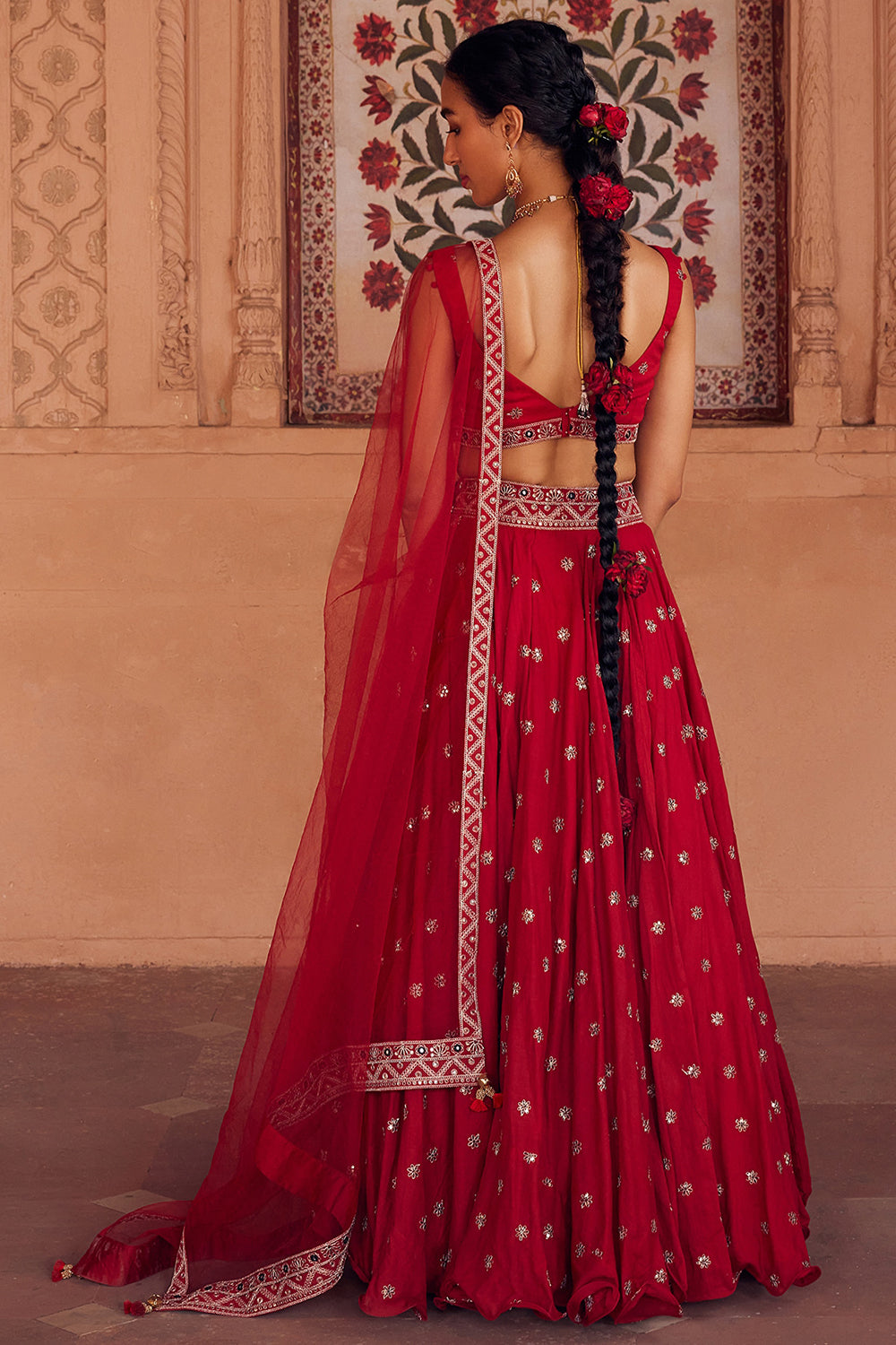 Embroidered Red Tulle Lehenga Set