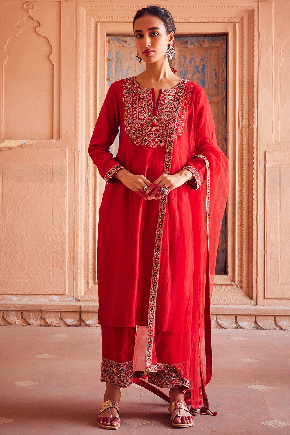 Embroidered Red Chanderi Silk Kurta Set