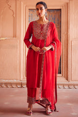 Embroidered Red Chanderi Silk Kurta Set