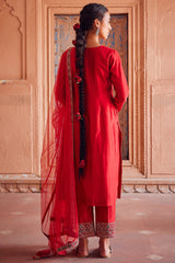 Embroidered Red Chanderi Silk Kurta Set