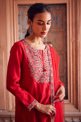 Embroidered Red Chanderi Silk Kurta Set