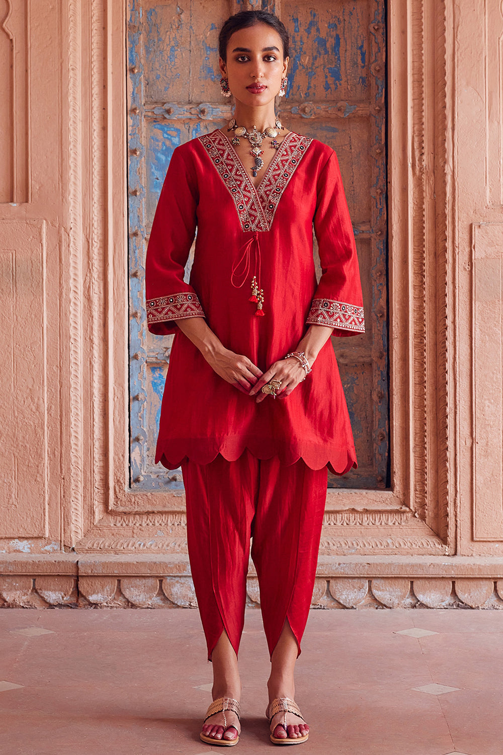 Embroidered Red Chanderi Silk Kurta Set