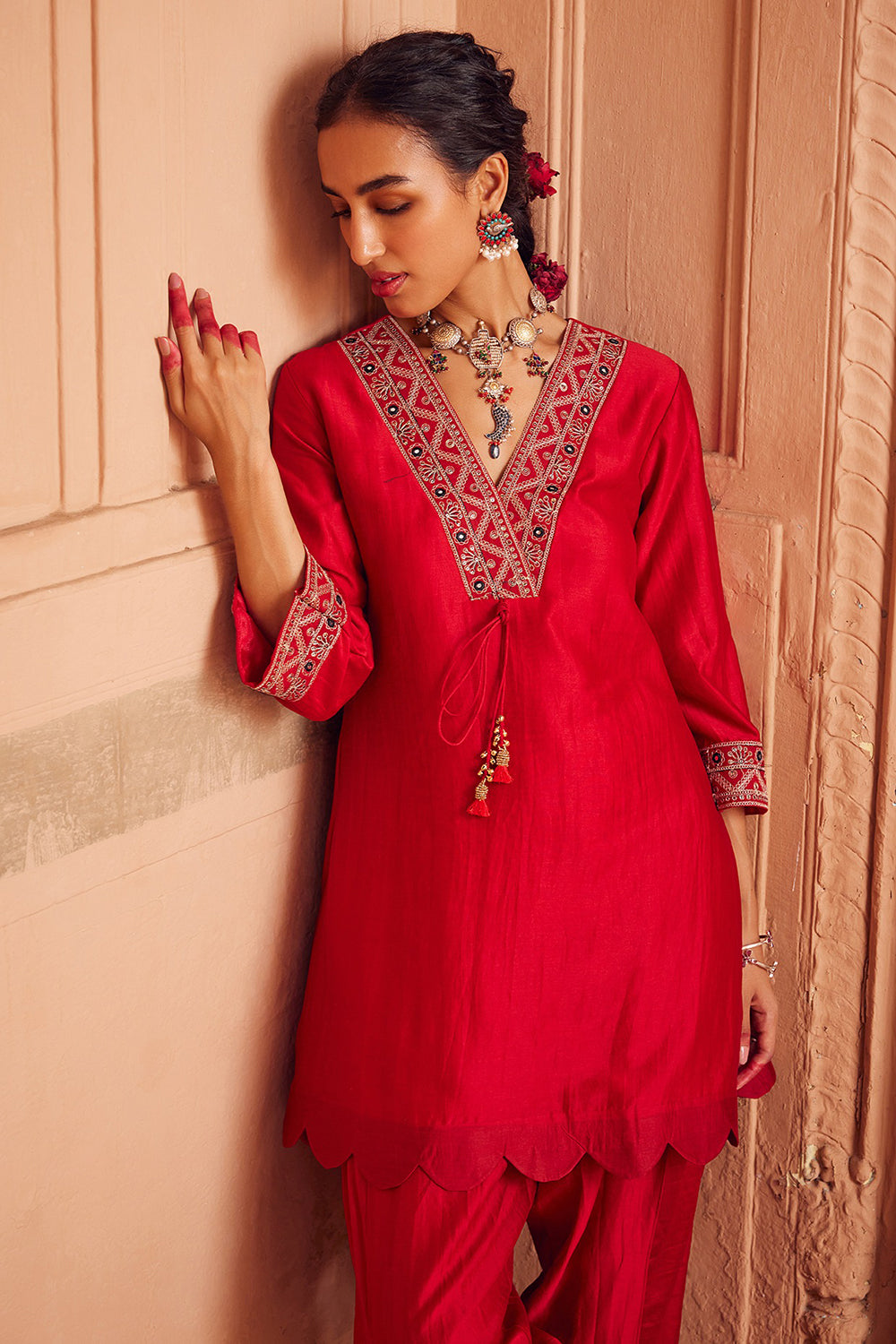 Embroidered Red Chanderi Silk Kurta Set