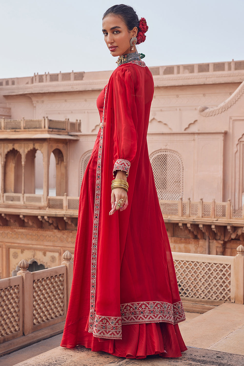 Embroidered Red Silk Organza & Chanderi Silk Co-Ord Set