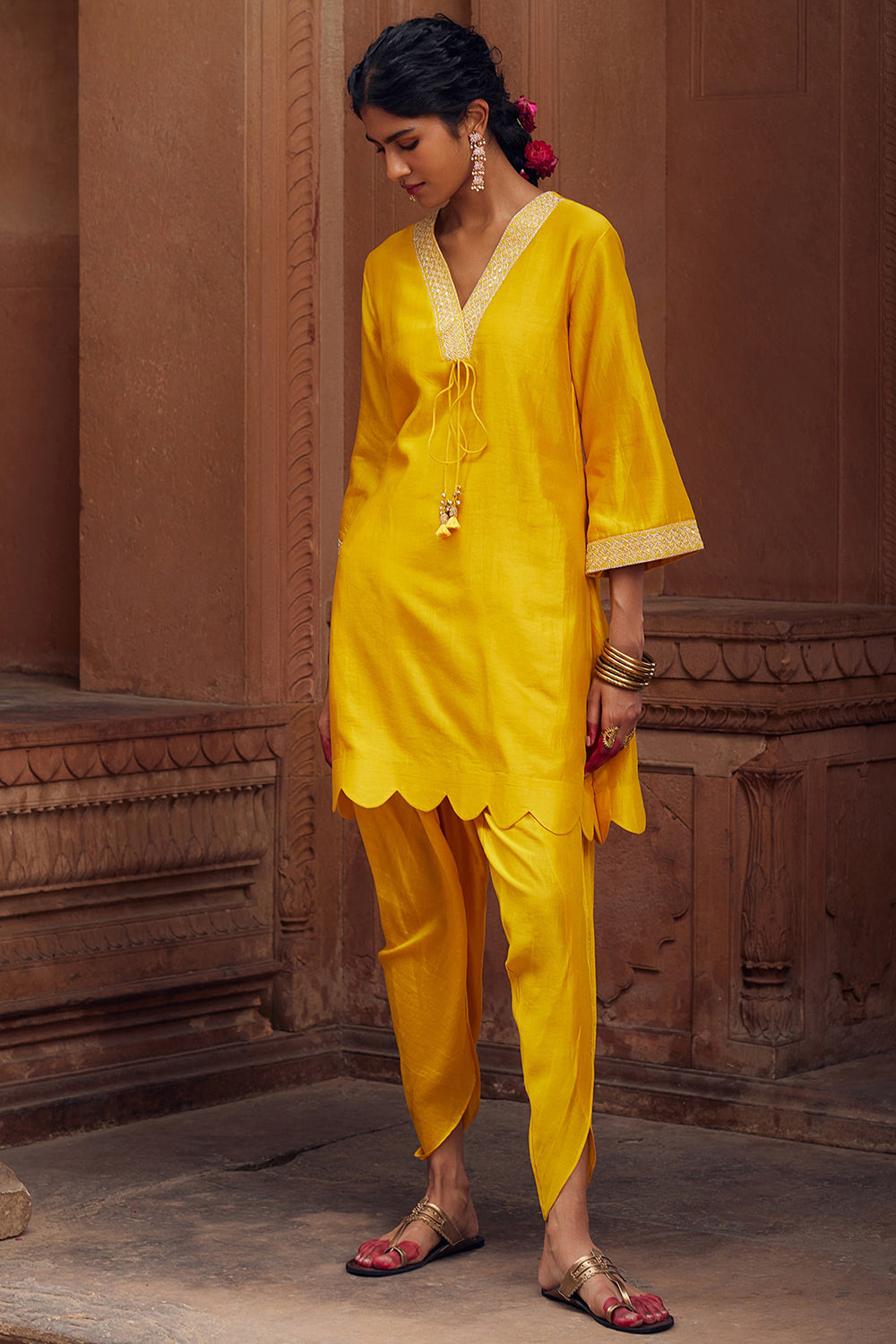 Embroidered Yellow Chanderi Silk Kurta Set