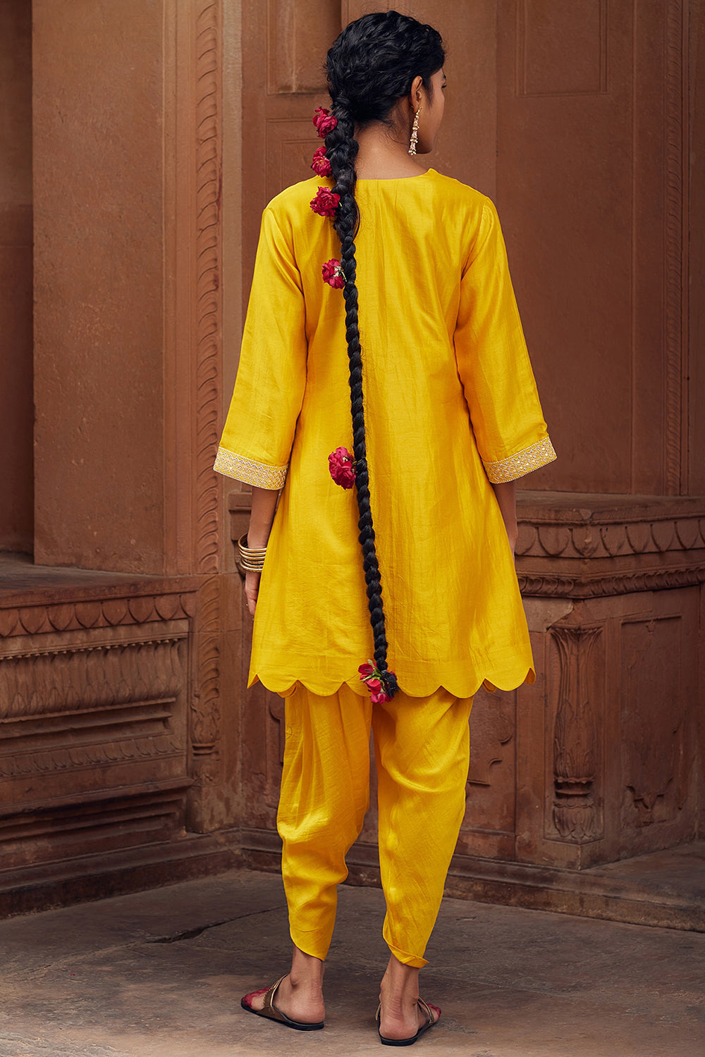 Embroidered Yellow Chanderi Silk Kurta Set