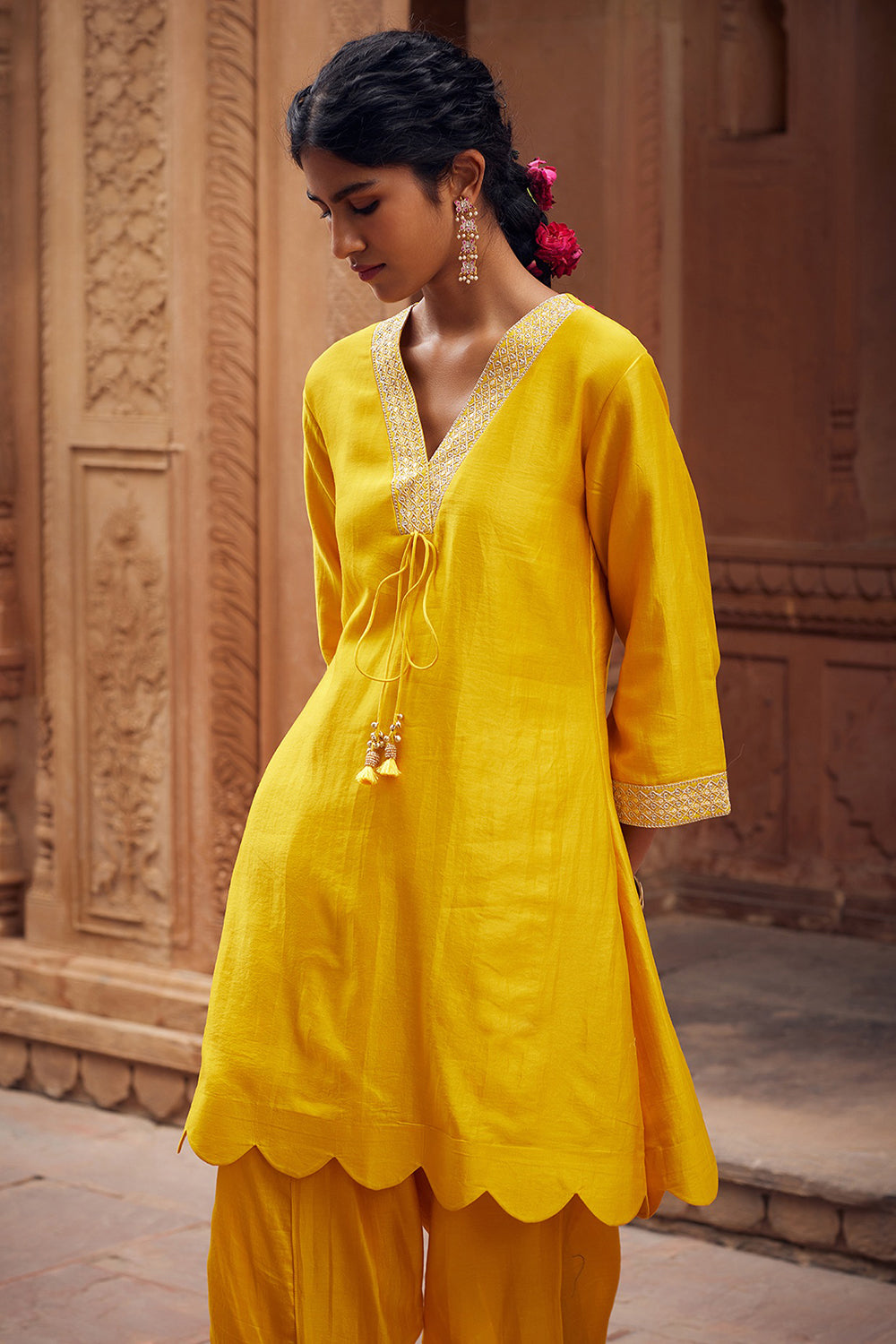 Embroidered Yellow Chanderi Silk Kurta Set