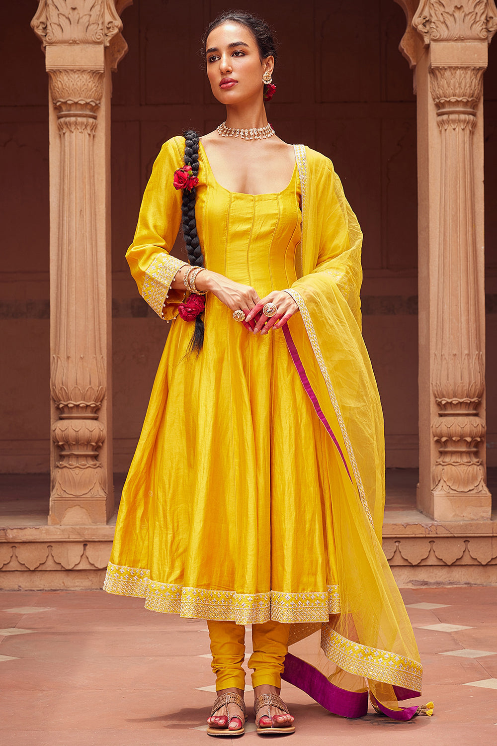 Embroidered Yellow Chanderi Silk Kalidar Kurta Set