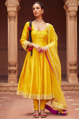 Embroidered Yellow Chanderi Silk Kalidar Kurta Set