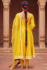 Embroidered Yellow Chanderi Silk Kalidar Kurta Set