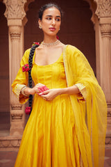 Embroidered Yellow Chanderi Silk Kalidar Kurta Set