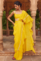 Embroidered Pre-Stitched Yellow Organza Silk Saree Set