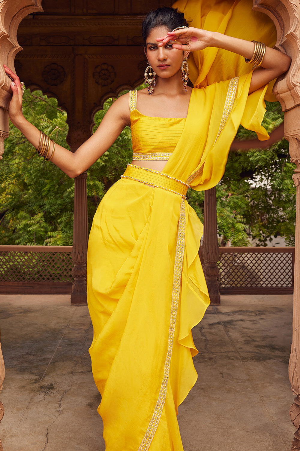 Embroidered Pre-Stitched Yellow Organza Silk Saree Set