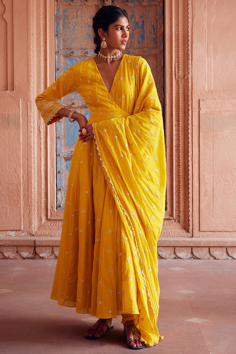 Embroidered Angrakha Yellow Cotton Mul Kurta Set