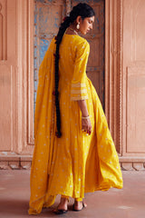 Embroidered Angrakha Yellow Cotton Mul Kurta Set