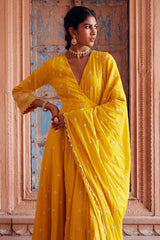 Embroidered Angrakha Yellow Cotton Mul Kurta Set