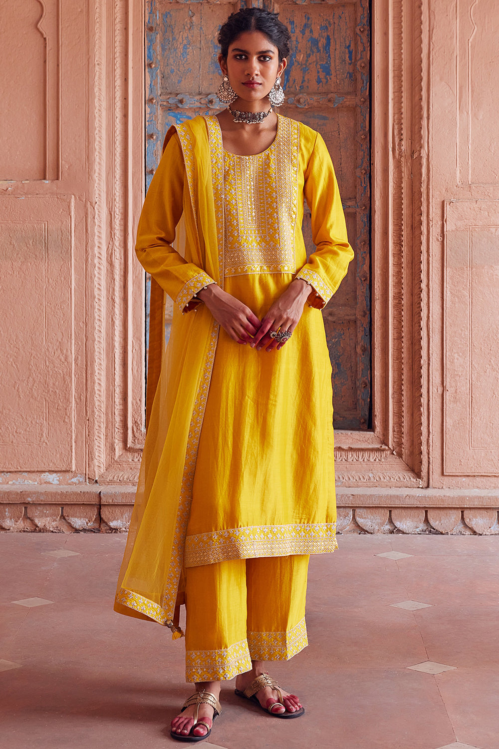 Embroidered Yellow Chanderi Silk Kurta Set