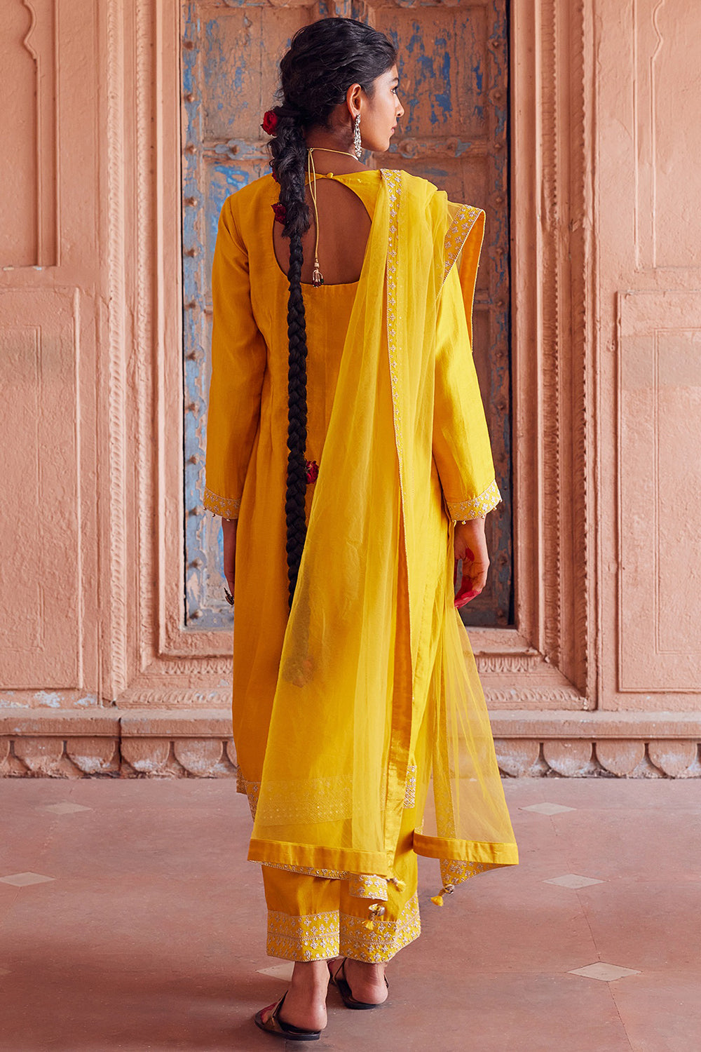 Embroidered Yellow Chanderi Silk Kurta Set