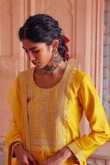 Embroidered Yellow Chanderi Silk Kurta Set