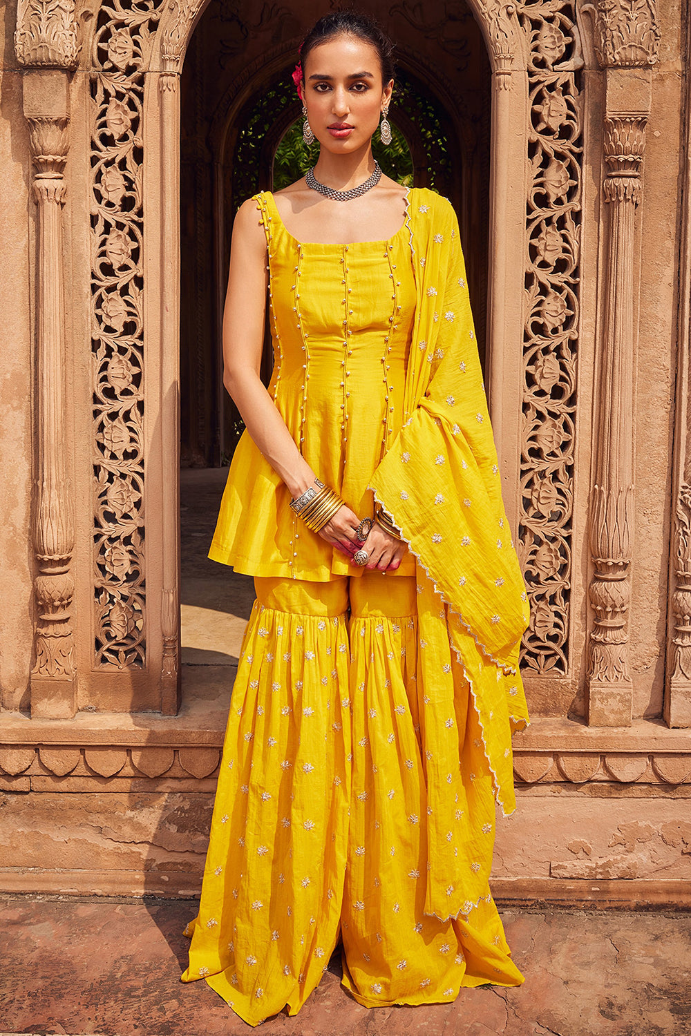 Embroidered Yellow Cotton Mul Sharara Set