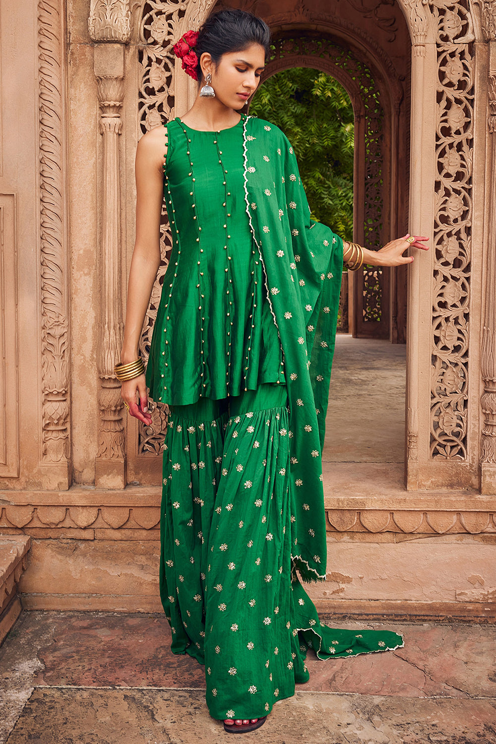 Embroidered Green Cotton Mul Sharara Set