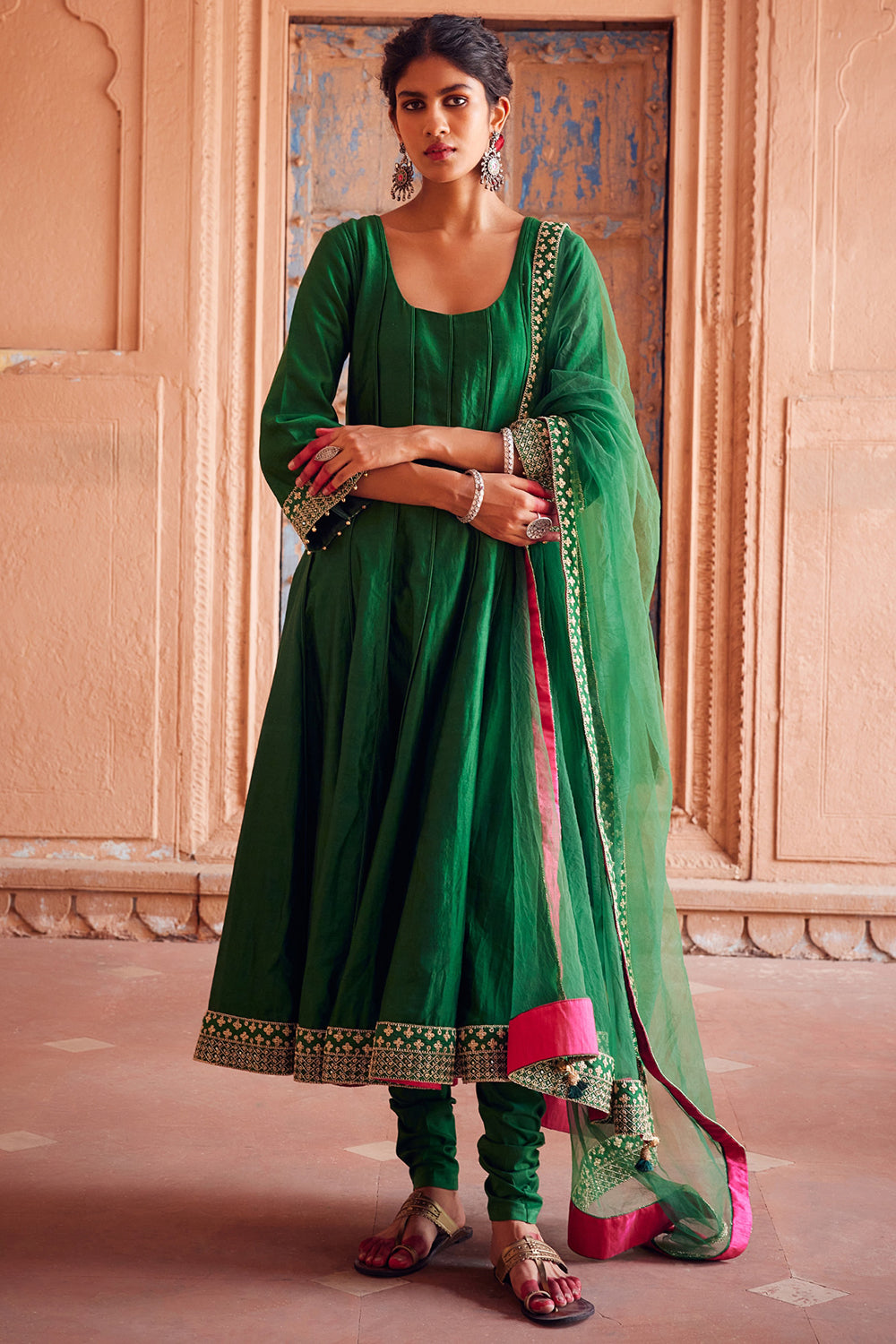 Embroidered Kalidar Green Chanderi Silk Kurta Set